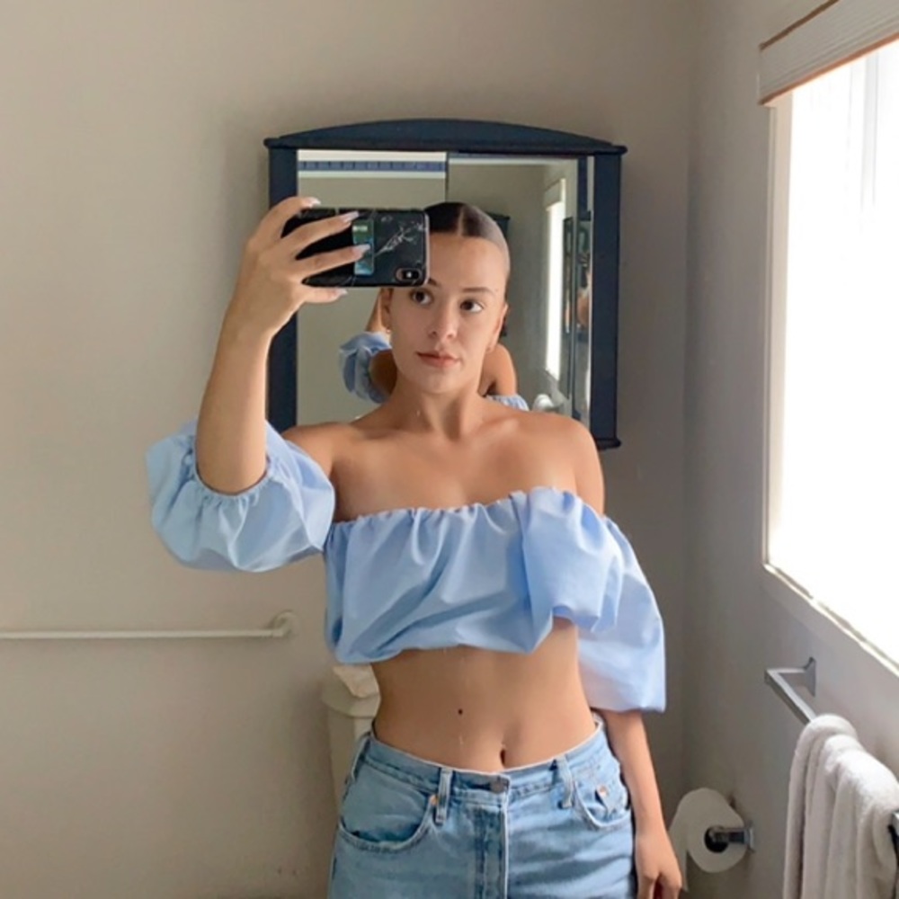 Light blue off the shoulder puffy shirt